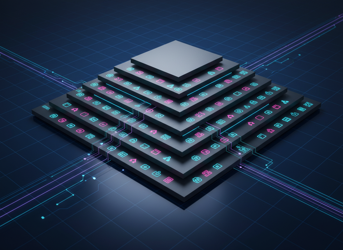 A cross-section view of a sophisticated, multi-level data platform represented as stacked echelons made from matte graphite panels, each tier embedded with glowing, minimalist icons and subtle numeric annotations. The structure is embedded into a deep blue, glass-like grid surface that suggests a digital landscape, with thin lines of light tracing connections between levels. Soft, cool studio lighting from above creates a professional, high-tech mood, with selective highlights on the panel edges and gentle reflections on the grid. Captured from a high, three-quarter perspective with sharp focus and moderate depth, the photographic style underscores clarity, control, and systematic thinking, visually conveying how each echelon contributes to a larger, ordered system of analysis and decision-making.