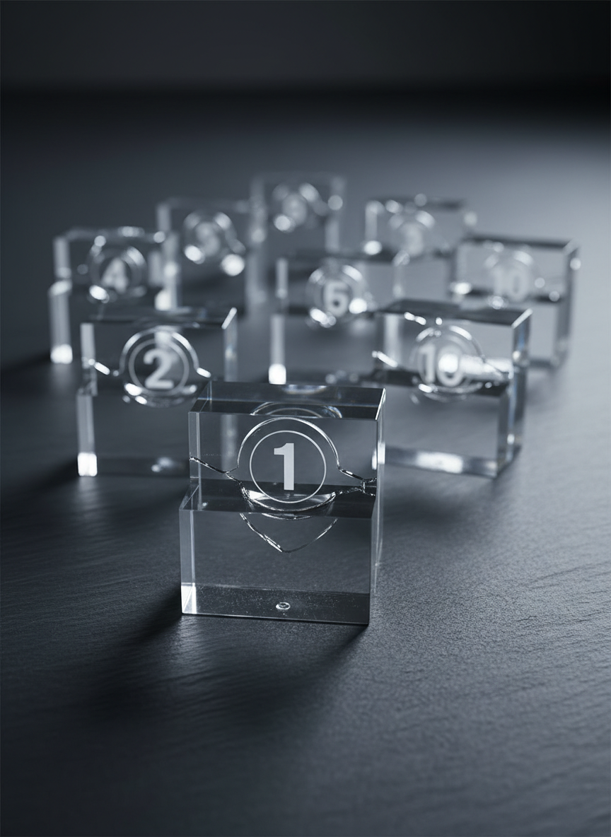 An abstract array of transparent acrylic echelons, each clear step containing a suspended, numbered marker from 1 to 10, arranged in a calculated but disrupted formation on a matte dark slate surface. One pristine echelon in the foreground is sharply in focus, while ten fractured, scattered acrylic segments recede into a soft bokeh background, visually echoing “1 de retrouvé, 10 de perdus.” Cool, controlled studio lighting from the side produces precise highlights along the edges and intricate internal reflections inside the acrylic. Shot from a low, cinematic angle with shallow depth of field, the photographic style feels analytical and conceptual, conveying loss, complexity, and the delicate balance of progression in a professional, data-driven environment.