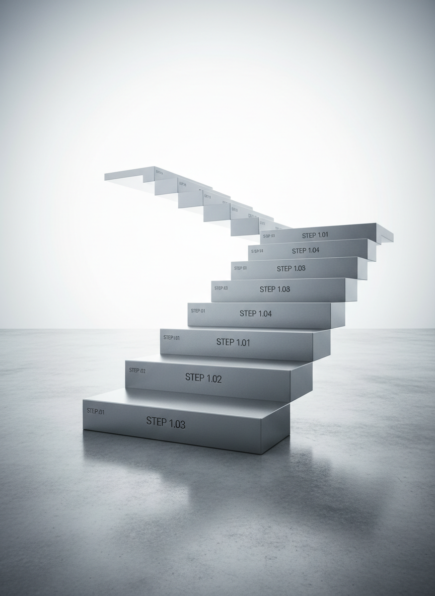 A sleek, ascending series of metal echelons forming a stylized staircase in perfect alignment, each step made of brushed stainless steel with finely milled edges and precise measurements etched along the sides. The structure is positioned in the center of a minimalist, polished concrete floor, leading upward toward a softly glowing white background that fades to infinity. Cool, diffused studio lighting creates crisp reflections on the metallic surfaces and subtle shadows between each rung, emphasizing progression and hierarchy. Captured at eye level with a slightly wide lens, the photographic realism highlights every texture and reflection. The mood is professional, analytical, and aspirational, symbolizing structured growth and carefully calculated advancement in a clean, modern business context.