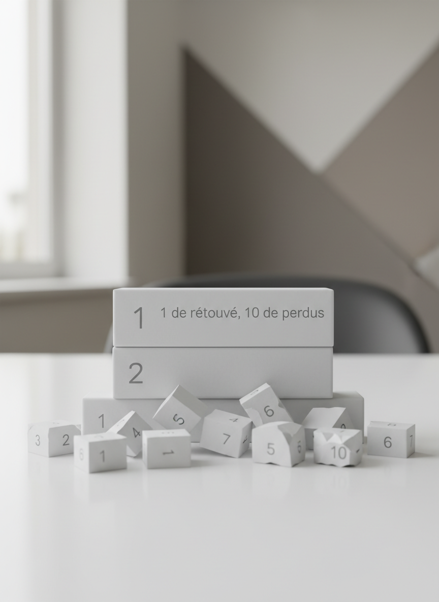 A sophisticated business diagram rendered as physical echelons: a series of stepped, matte white blocks labeled with fine, gray typographic numbers, where the first block is intact and elevated, while ten smaller, fragmented blocks lie disorganized at the base, subtly illustrating “1 de retrouvé, 10 de perdus.” The scene is set on a pristine white tabletop against a soft, out-of-focus office-inspired background with geometric shapes and neutral tones. Gentle, diffused daylight from an unseen window washes over the composition, creating clean, minimal shadows. Photographed from a slightly elevated angle with a shallow depth of field, the intact echelon remains in crisp focus while the broken pieces blur away, reinforcing a professional, analytical mood and a visual metaphor for strategic gains versus systemic losses.