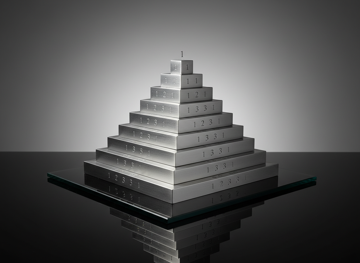 A meticulously engineered, metallic Pascal triangle structure built from interlocking steel echelons, each tier labeled with subtle numeric engravings that reference binomial coefficients. The triangle rises from a glossy black glass base that mirrors its geometry with perfect reflections, set against a neutral gradient backdrop that transitions from deep charcoal at the bottom to soft gray at the top. A single, directional key light from the upper left casts sharp, elegant shadows that accentuate the triangular hierarchy and depth. Captured from a slightly elevated three-quarter view with sharp focus throughout, the photographic realism emphasizes precision, order, and mathematical rigor, creating a professional, conceptual visualization of “Echelons de Pascal” as a structured, high-level analytical framework.