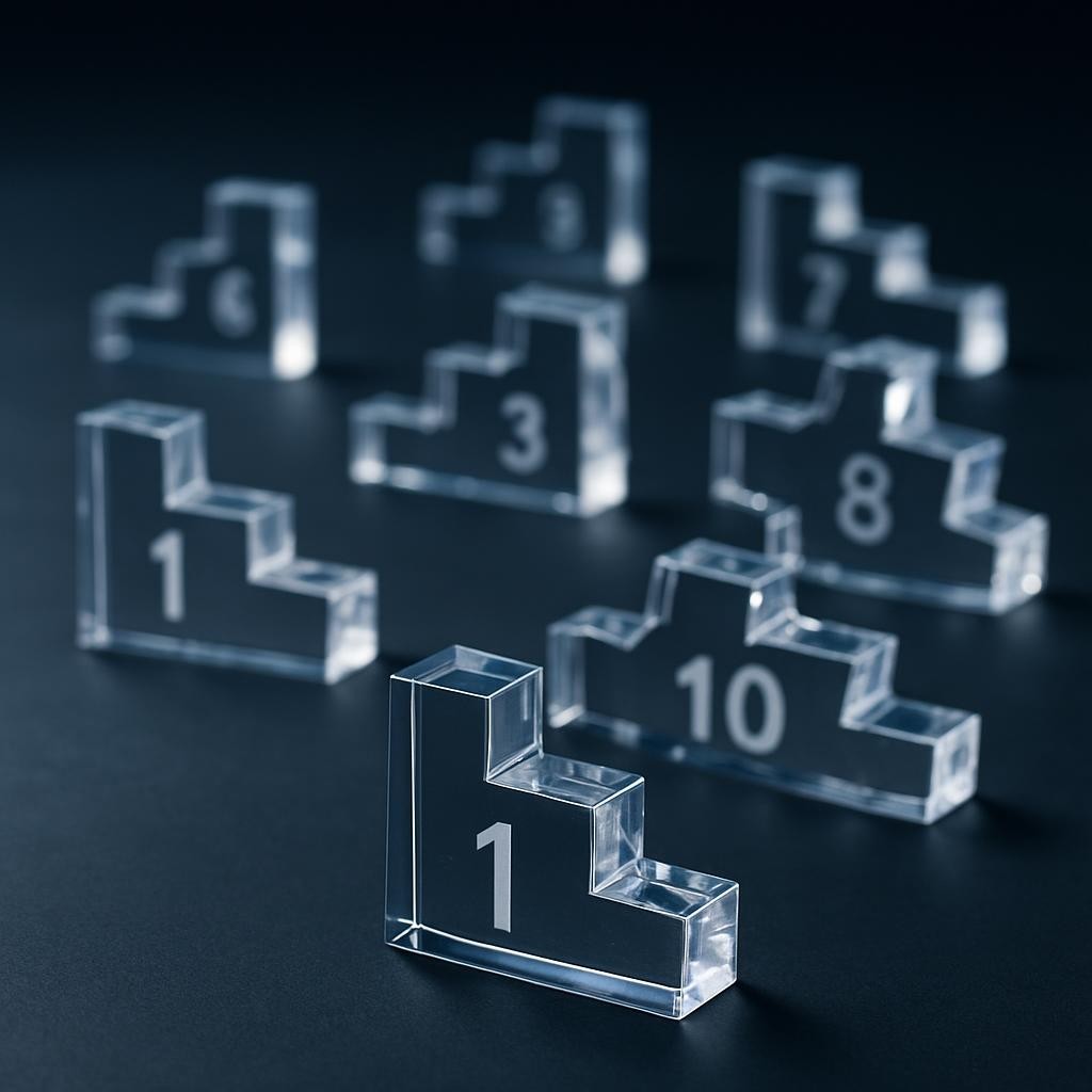 An abstract array of transparent acrylic echelons, each clear step containing a suspended, numbered marker from 1 to 10, arranged in a calculated but disrupted formation on a matte dark slate surface. One pristine echelon in the foreground is sharply in focus, while ten fractured, scattered acrylic segments recede into a soft bokeh background, visually echoing “1 de retrouvé, 10 de perdus.” Cool, controlled studio lighting from the side produces precise highlights along the edges and intricate internal reflections inside the acrylic. Shot from a low, cinematic angle with shallow depth of field, the photographic style feels analytical and conceptual, conveying loss, complexity, and the delicate balance of progression in a professional, data-driven environment.