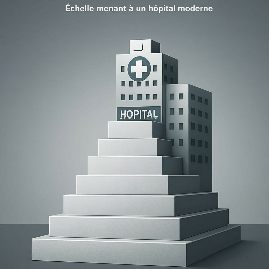 Hierarchical hospital tier system Pyramid-shaped tiers with numbers under a building labeled Hôpital with medical cross