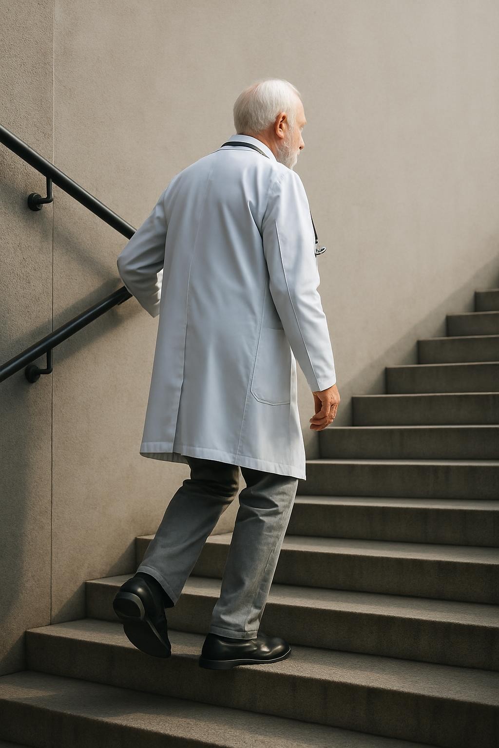 Doctor ascending hospital stairs Elderly male doctor in white coat climbing stairs with handrail
