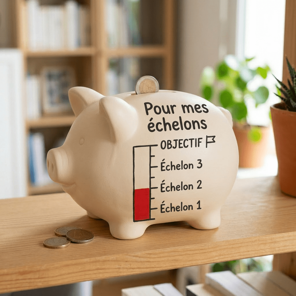 Wooden savings box with progress levels labeled Mon Échelon and a coin inserted
